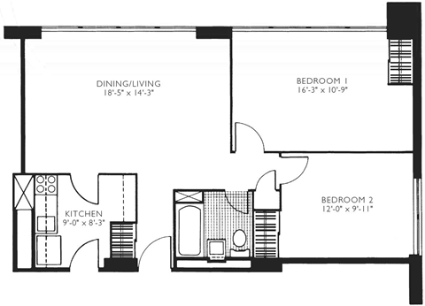 2 Bedroom 1 Bath 735-752 Sq.Ft. Two Bedroom Floor Plan at Twin Towers, IL